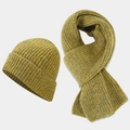 Close-up of thick rib knit texture on mustard yellow and grey winter hat scarf set - Yellow