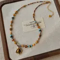 Tiger eye beaded necklace with turquoise accents and gold irregular pendant charm - Geometric Metal Frame Tiger Eye (5#)