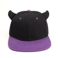 Fashionable flat brim hip-hop hat in black and purple with stylish 3D devil horns - Black Hat with Purple Brim