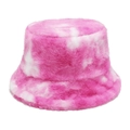 Close-up of soft pink and white tie-dye faux fur bucket hat with plush texture detail - M(56-58cm) / Pink