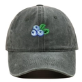 Gros plan sur la broderie myrtille d'une casquette de baseball grise délavée - Réglable / Vert