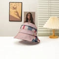 Pink sun bucket hat for women with plaid brim and gold metal button decoration - Camel