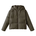 Detail showing the olive green quilted jacket hood with metal tipped drawstrings - XS / Olive Green