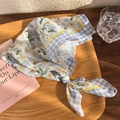Detail of floral and blue plaid cotton linen headscarf on a wooden tray in natural light - Blue Floral (25151)