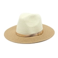 Detailed texture of two-tone woven straw sun hat with stylish gold buckle belt - M(56-58cm) / Cream White + Khaki