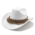 Detail of white fedora hat featuring woven brown cord, tassel and gold chain trim - M (56-59cm) / White