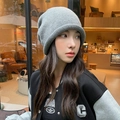 Grey oversized knit beanie with earmuffs and C-patch for women's winter warmth - One Size / Drawstring Adjustable Style / Gray