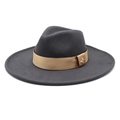 Detail of dark grey wool felt fedora featuring gold ribbon and bee metal emblem - M (56-58cm) / Dark Gray