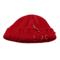 Red distressed knitted beanie with large safety pin and silver ring details - One Size / Red