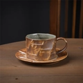 Retro brown ceramic coffee cup and saucer set with textured facets and spiral pattern - Origami Style - Pure White 220ml