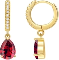 Elegant gold drop earrings with teardrop red zircon and sparkling white micro-pave stones - June Dark Red