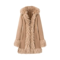 Dames winterjas van imitatiesuède met imitatiebont trim en capuchon in camel - S / Khaki