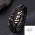 Three-layer braided black leather bracelet with gold metal beads and gift card for husband - Love You Forever/With Husband Card