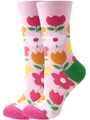 Detailed close-up of pink floral mid-calf socks with tulip prints and contrast heels - EU 36-42 / Pink Background Striped Flowers