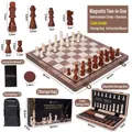 2-in-1 magnetic wooden chess and checkers set with folding board and full piece set - 39*39cm Magnetic Walnut Color (2-in-1 Chess & Checkers)
