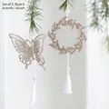 Glittery champagne gold butterfly and wreath ornament set with white tassels for Christmas - Wreath 1 & Butterfly 1 Set