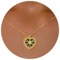 Golden heart pendant necklace featuring green floral pattern and bead edge on neck - Heart Necklace 029 Only