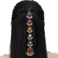 Bohemian gold head chain with colorful gemstones and pearls shown on model's hair - Multi-color Gemstone Style