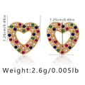 Detailed view of heart stud earrings with colorful zircons and size specifications - Gold Base Multi-color Zirconia Heart