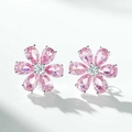 Close-up of flower stud earrings with pink pear-cut crystals and silver setting - Six-petal Flower Pink Stud Earrings / Pink