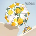 Mini 5-fold sun umbrella with yellow floral print, double-layer fabric and wooden handle - Warm Autumn (Double Layer 5-Fold)