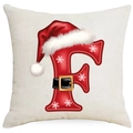 Christmas pillowcase with red letter F and Santa hat design on beige linen fabric - Letter F