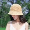 Handwoven beige straw bucket hat for women with breathable sun protection for summer beach - Middle Stripe Beige