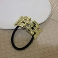 Minimalist black elastic hair tie with interlocking gold rectangle metal buckle - AA2674 Gold Rectangular Band