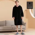 Oversized black wearable blanket hoodie with warm flannel lining and front kangaroo pocket - Male Style / Black