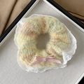 Yellow plush hair scrunchie with pink ribbon bow and white lace trim in a gift box - Bowknot Style / Yellow