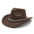 Retro dark brown suede western cowboy hat with turquoise beaded decorative band - M(56-58cm) / Brown Faux Suede