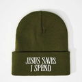 Bonnet en tricot vert olive avec inscription brodée Jesus Saves I Spend en blanc - Vert Armée