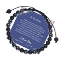 Detail showing Morse code beads on card for sister with black matte stone and hematite - Sister