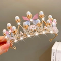 Goldenes Diadem-Haarreif mit rosa Blumen, blauen Netzschmetterlingen und Perlen - Gold Schleife Perle Blume