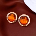 Vue détaillée des boucles d'oreilles en résine ambrée avec monture dorée sur velours - Stud boucles d'oreilles / Brun doré