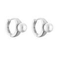 Detail of silver huggie hoop earrings featuring round white pearls and micro-set cubic zirconia - Platinum Plated Single Pearl Huggie Earrings