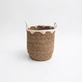 Handwoven rattan storage basket with white fringe trim and round woven handles - Cylindrical Small / Diameter 29cm x Height 31cm