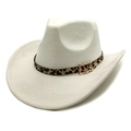 Detail of white suede cowboy hat featuring leopard print belt and golden buckle - Beige / M (56-58cm)