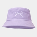 Close-up of lavender cotton bucket hat with white bow embroidery and detailed stitching - One Size / Light Purple