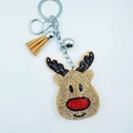 Close-up of reindeer keychain with sparkling rhinestones, golden bell and khaki tassel - Reindeer Head Style 1