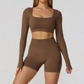 Brown seamless two-piece yoga set with long sleeve crop top and high waist shorts - S / Long Sleeve + Shorts / Cocoa Brown