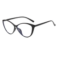 Classic black cat-eye sunglasses with large frame and transparent lenses in a 45-degree view - Black Frame