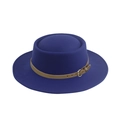 Close-up of navy wool fedora hat with brown leather band and metal buckle detail - One Size (58cm) / Royal Blue