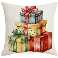 Christmas cushion cover featuring festive watercolor gift boxes on linen fabric - Colorful Christmas Gift Boxes / 45*45cm Single-sided Linen
