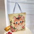 Borsa tote in tela beige con ricamo a gatto e fiori e manici a righe per tempo libero - Un Gatto
