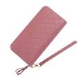 Pink quilted long wallet for women with double zipper and wrist strap in faux leather - Pink