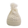 Close-up of cream white cable knit winter hat featuring a fluffy pom-pom and thick cuff - White