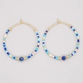 Bohemian handmade Miyuki bead hoop earrings with blue tassels and gold accents - Dark Blue with Pearl (MI-E220217A)