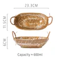 Japanese retro ceramic pasta bowl with side handles and brown glaze finish, 600ml capacity - Brush Stroke Oval Bowl with Rope Handle