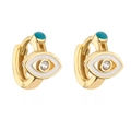 Macro shot of 18K gold plated evil eye earrings with white enamel and turquoise accents - White